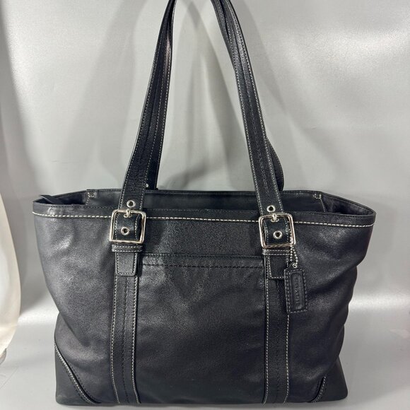 COACH F12609 XL Hamptons Black Leather Travel Business Tote Carryall Bag - Picture 1 of 15